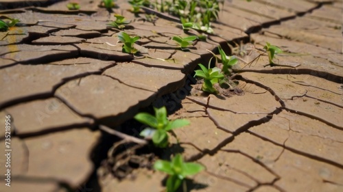 Close-up of dried mud cracks, with small plants struggling to grow in between