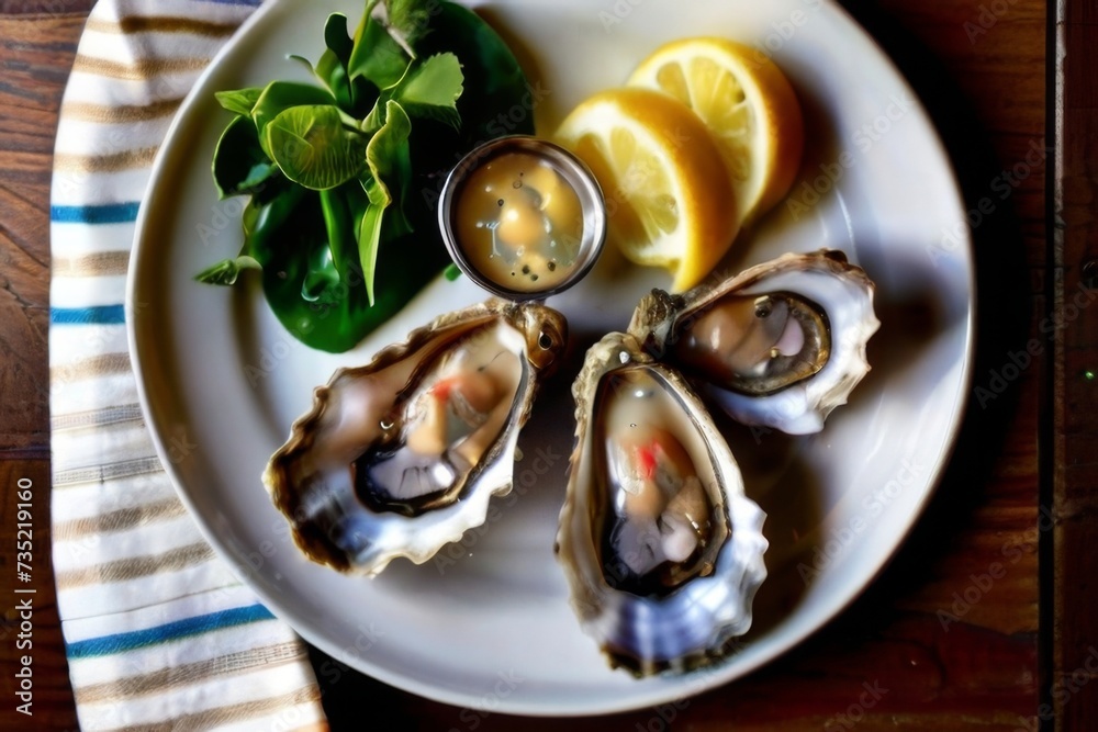 Raw oysters on the half shell, served with sauce and lemon wedges Raw oysters on the half shell, served with sauce and lemon wedges