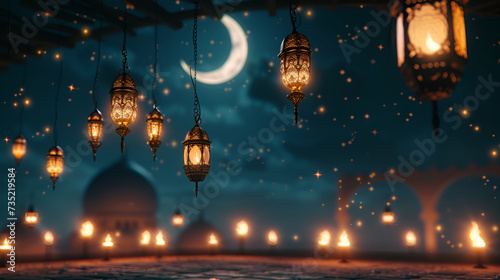 Arabic lanterns hang on the background of the night sky with the moon and the mosque, Ramadan