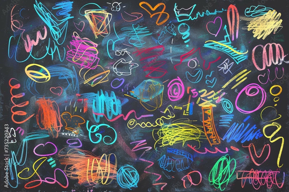 Charcoal pencil curly lines, colorful squiggles and shapes. Multi colored charcoal pencil scribble vector set. Hand drawn chalk smears and thin lines. Crayon sketch and Marker childish scribbles.