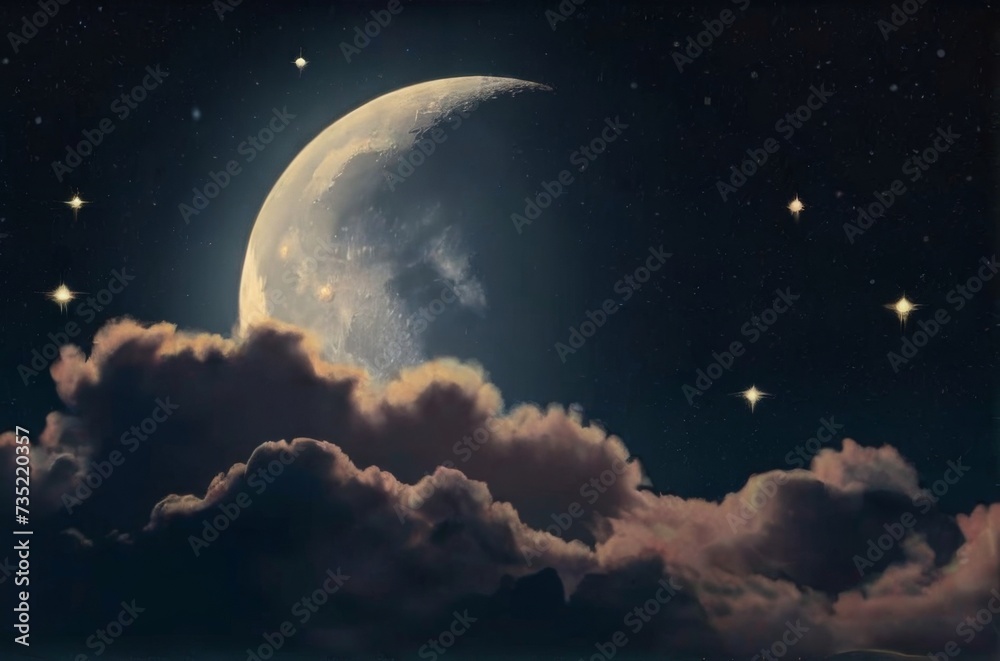 Moon and stars visible through a thin veil of clouds. Night sky background