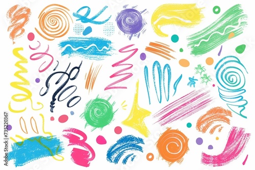 Charcoal pencil curly lines, colorful squiggles and shapes. Multi colored charcoal pencil scribble vector set. Hand drawn chalk smears and thin lines. Crayon sketch and Marker childish scribbles. © Areesha