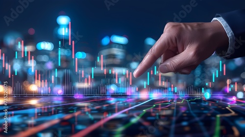 A hand of business man point to stock trading graph hologram illustration 3d design. Generative AI