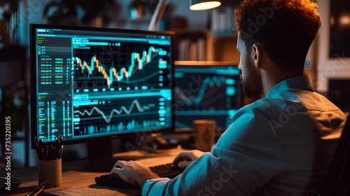 A stock trader man working on computer, the monitor show a trading graph patterns. Generative AI photo
