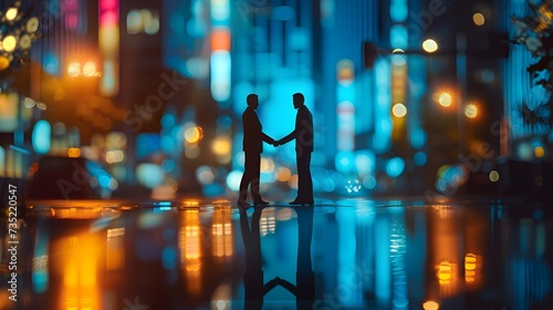 A silhouette of business man shake hands model on busy city background. Generative AI