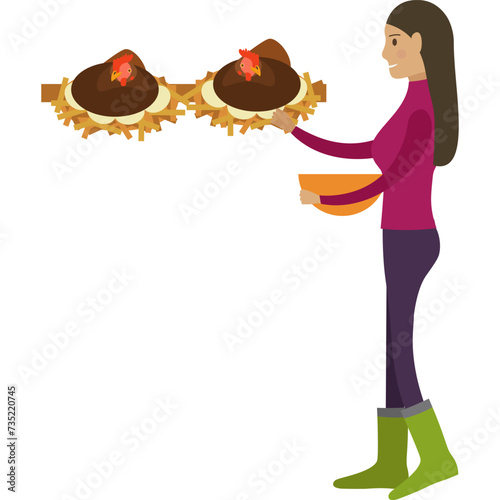 Female farmer collecting eggs from chicken vector icon isolated on white