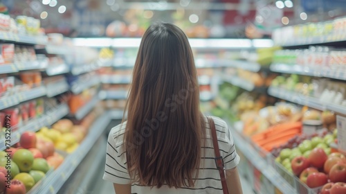 Young woman customer in store walk between rows. Girl buy healthy food in supermarket. Grocery market shopping. Buyer choose organic vegetables. Fruits vegan department. Goods shelfs. Female client.