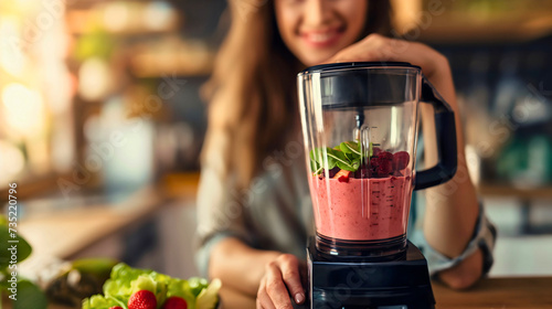 Beautiful young woman smiling in the background, placing a hand on the black electric blender mixer device, standing in the kitchen, making healthy nutritious pink smoothie with berries and greens photo