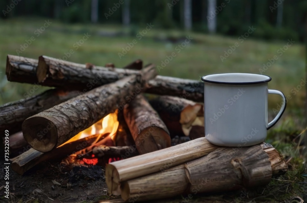 Cozy camping with a cup of coffee on log near a burning fire Cozy camping with a cup of coffee on log near a burning fire
