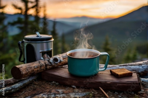 Cozy camping with a cup of coffee on log near a burning fire