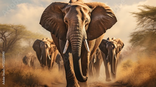 A Herd of Elephants Walking Down a Dirt Road © Naqash