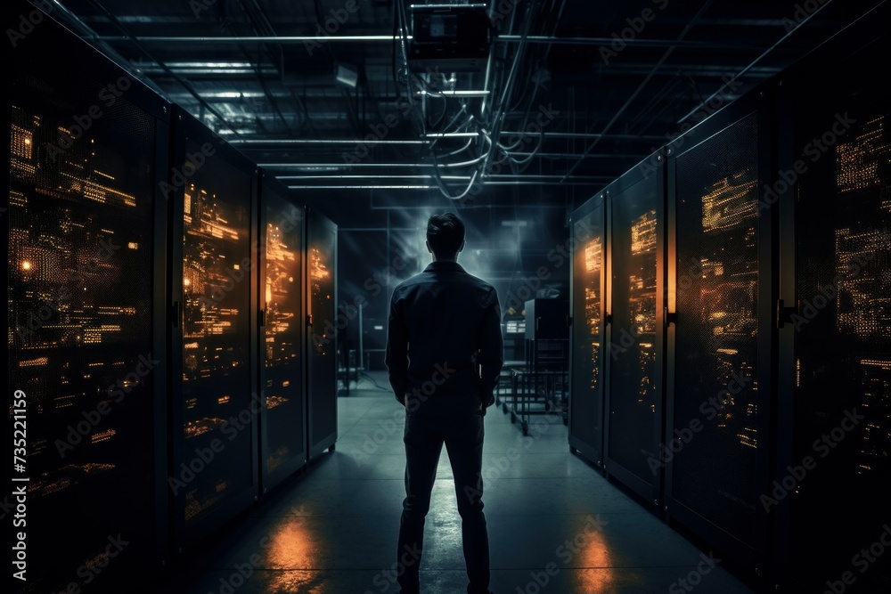 Person standing in front of dark server room. Cyber security specialist in database centrum. Generate ai Person standing in front of dark server room. Cyber security specialist in database centrum. Generate ai