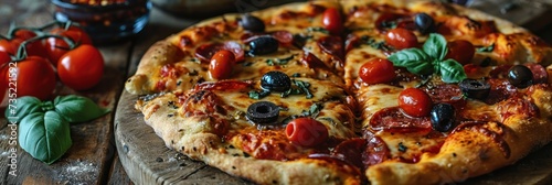 Diavola Pizza with mozzarella cheese, tomatoes and black olives on wooden table. Diavola. Cheese Pull. Diavola Pizza on a Background with copyspace.