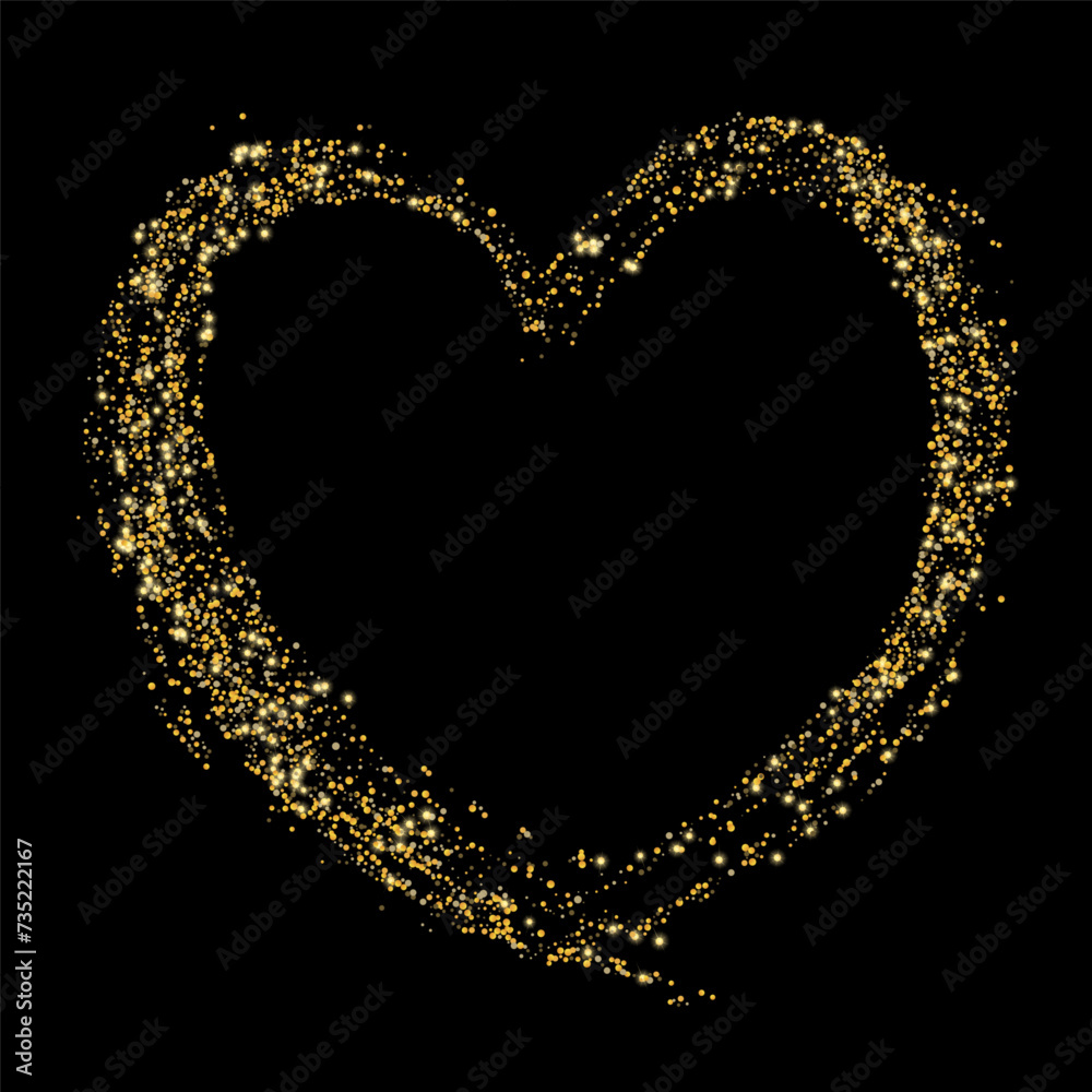 Confetti with gold glitter in the shape of a heart on a black background. Shiny particles and sand are scattered. Decorative element, golden heart. Luxury holiday background, vector
