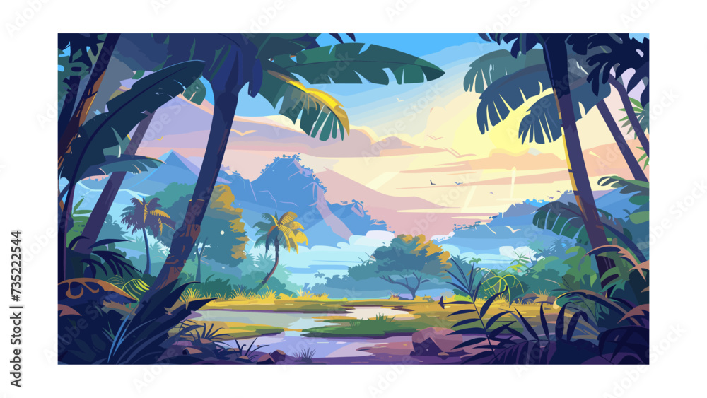 Tropical Jungle with Water and Mountains at Sunset