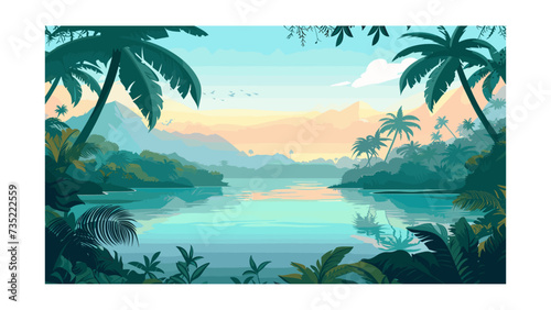 Tropical Jungle with Water and Mountains at Sunset