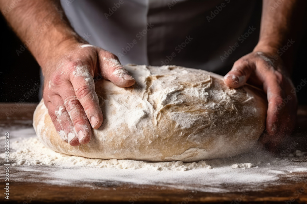 Male hands kneading dough on wooden table with flour in bakery