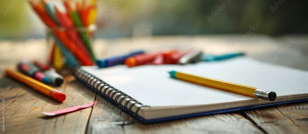 Classic spiral notebook with a wooden pencil on a white background for writing and drawing Classic spiral notebook with a wooden pencil on a white background for writing and drawing