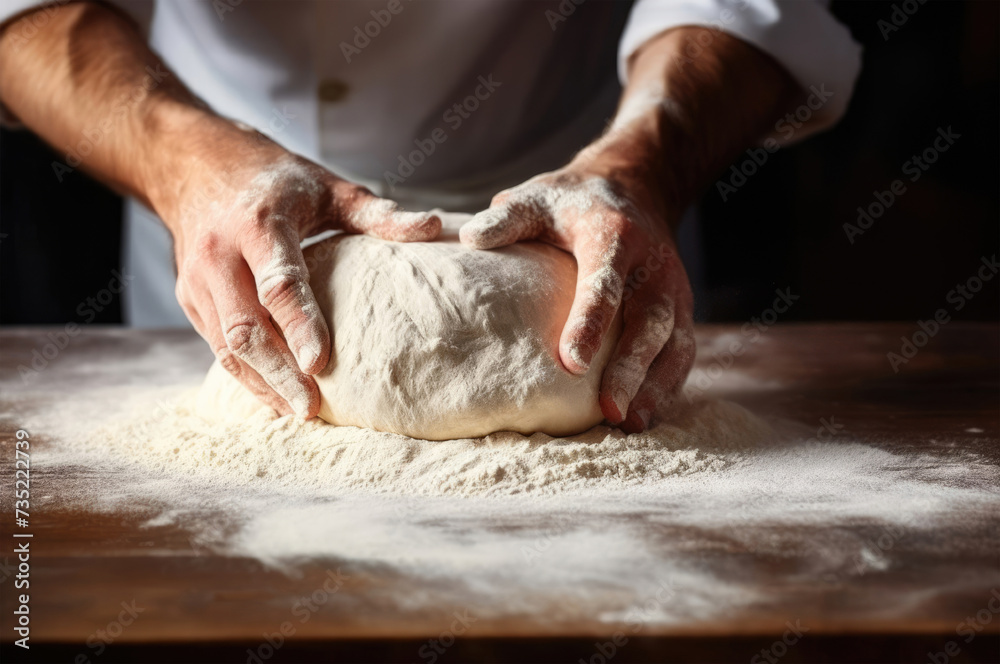 Male hands kneading dough on wooden table with flour in bakery