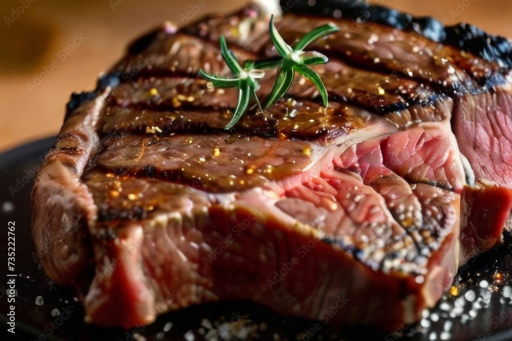 Juicy T-bone steak seasoned with coarse salt and cracked black pepper