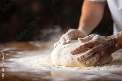 Male hands kneading dough on wooden table with flour in bakery