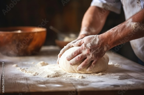 Male hands kneading dough on wooden table with flour in bakery