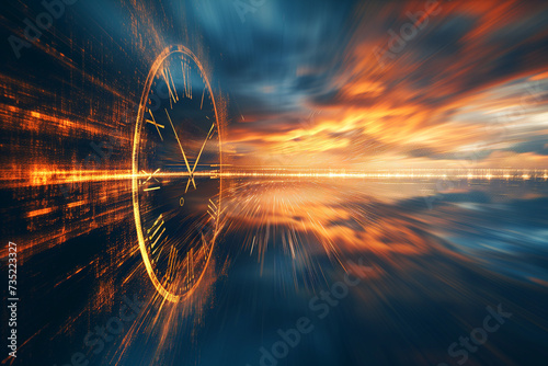 abstract image of time passing by with a clock over a sea and burning sky in background photo