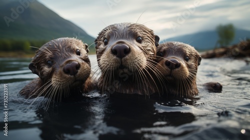 A Group of Otters Swimming in a Body of Water