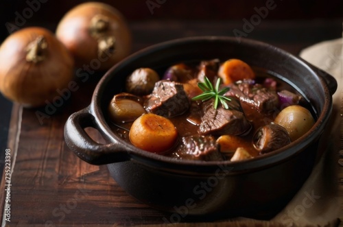 Cast iron pot of beef bourguignon, a French stew made with beef braised
