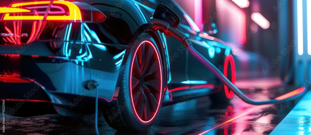 Illustration futuristic electric car charging in a charge station. AI generated image Illustration futuristic electric car charging in a charge station. AI generated image