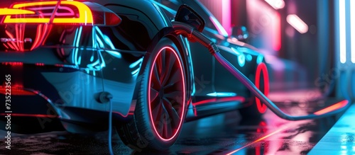 Illustration futuristic electric car charging in a charge station. AI generated image © orendesain99