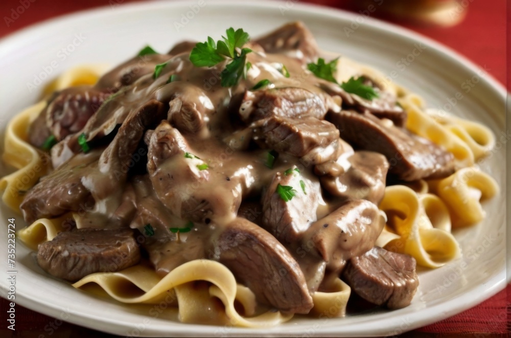 Plate of beef stroganoff, tender strips of beef in a creamy mushroom sauce Plate of beef stroganoff, tender strips of beef in a creamy mushroom sauce