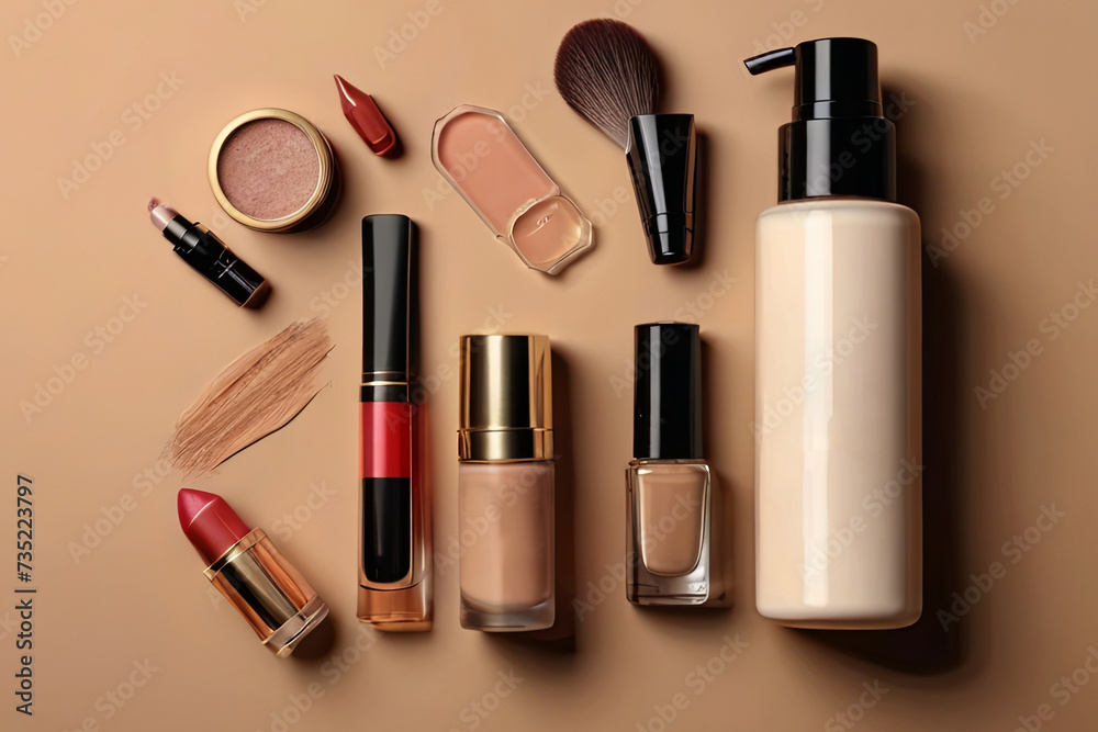 Chic cosmetic set. Top view on beige background, perfect for beauty and makeup concepts. Space for text. Chic cosmetic set. Top view on beige background, perfect for beauty and makeup concepts. Space for text.