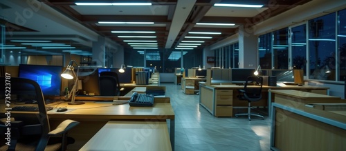 Office workspace in night view with row of table, chairs and work station in dark room. AI generated