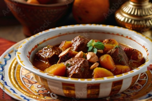 Moroccan tagine with tender chunks of beef, apricots and almonds