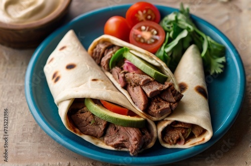 Beef shawarma, thinly sliced meat wrapped in pita bread with tahini sauce
