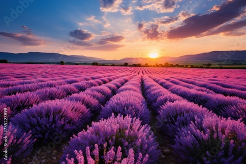 A field filled with lavender flowers as the sun sets in the background  casting a warm golden glow over the landscape.