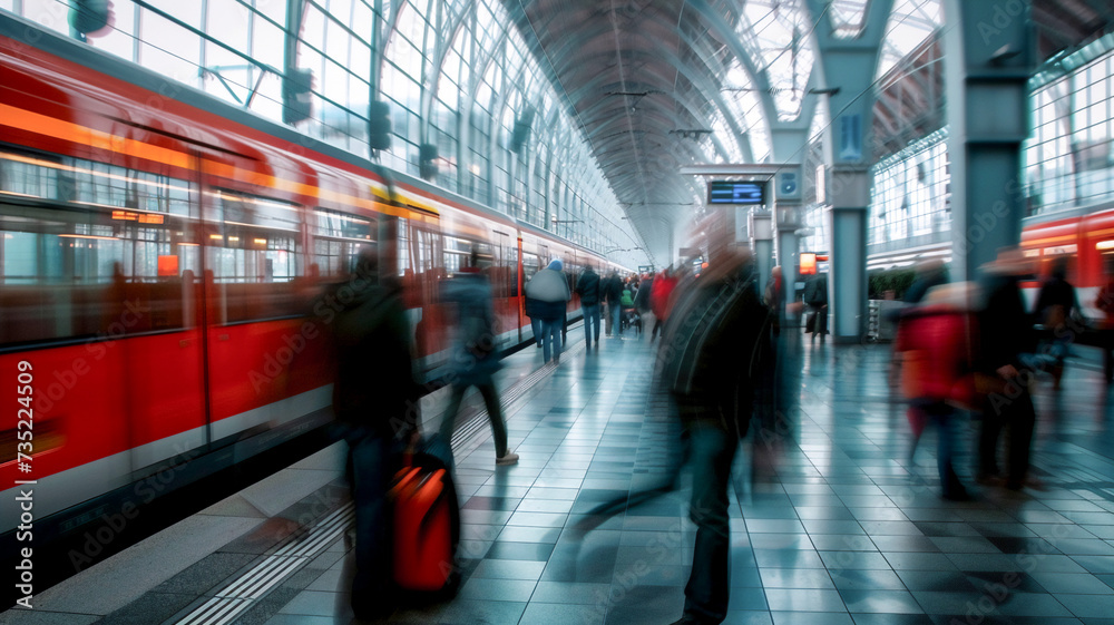 Motion blurred of passengers walking at modern train station.