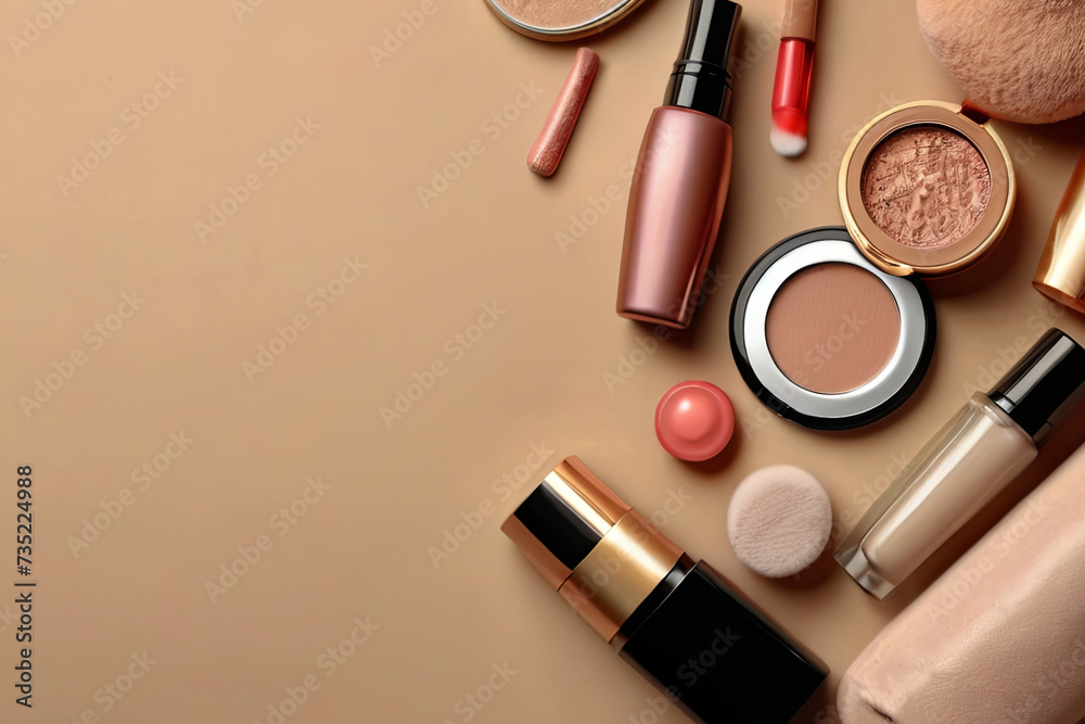 Obraz premium Chic cosmetic set. Top view on beige background, perfect for beauty and makeup concepts. Space for text.