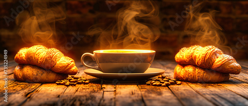 Steaming hot beverage in a mug, creating a cozy atmosphere with vapor rising over a dark wooden table, highlighted by soft morning light