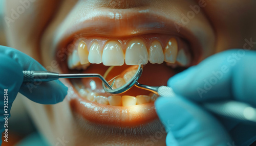 dentist holding the angled mirror and hook while examining teeth the patient,generative ai