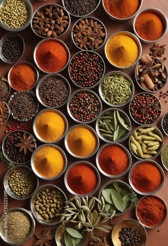 Spice assortments in compact trays background