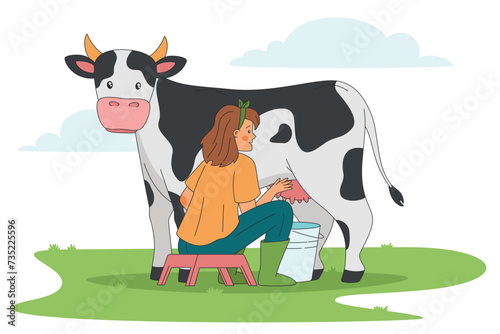 woman sitting on a stool and milking a cow in a meadow, rural vector illustration