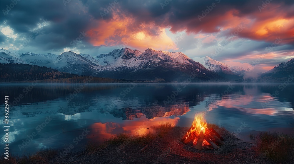 Twilight campfire at high snow capped mountains in most beautiful multi colored sky in mountain lake landscape. Generative AI. - obrazy, fototapety, plakaty 