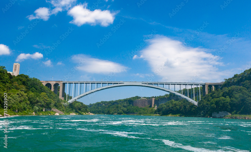 The Niagara Falls International Rainbow Bridge. Steel arch bridge across the Niagara River, connecting the cities of Niagara Falls