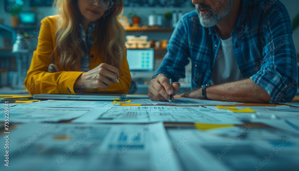Fototapeta premium UX developer and UI designer employ augmented reality for mobile app wireframe design in modern office, enhancing creativity in digital development.generative ai