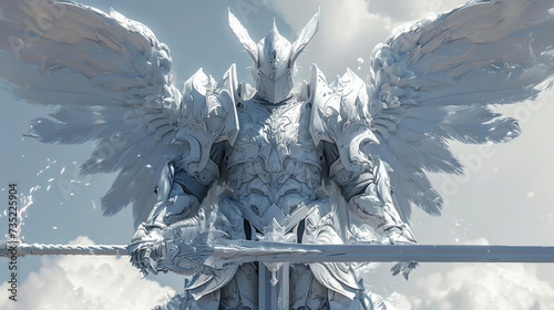 A powerful armored angel with six wings and a flaming sword reflecting the role of angels as warriors in JudeoChristian stories.