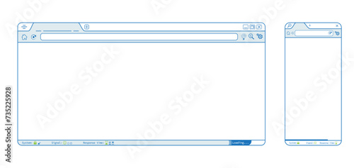 Blue internet browser phone app  webpage, blank website template vector design. Editable lines web browser with icons illustration. Homepage mockup background illustration.
