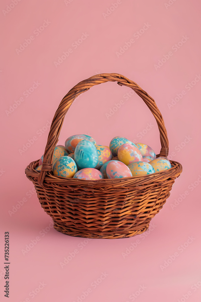 a wicker basket full of colourful easter eggs on a pi