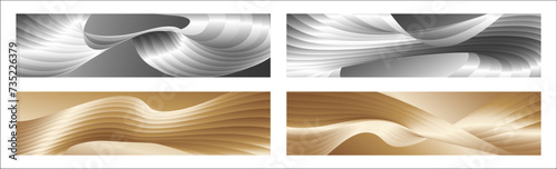 Wavy silver and gold parallel gradient lines, ribbons, silk. Set of 4 backgrounds. Black and white with shades of gray or golden silk. Banner, poster. eps vector